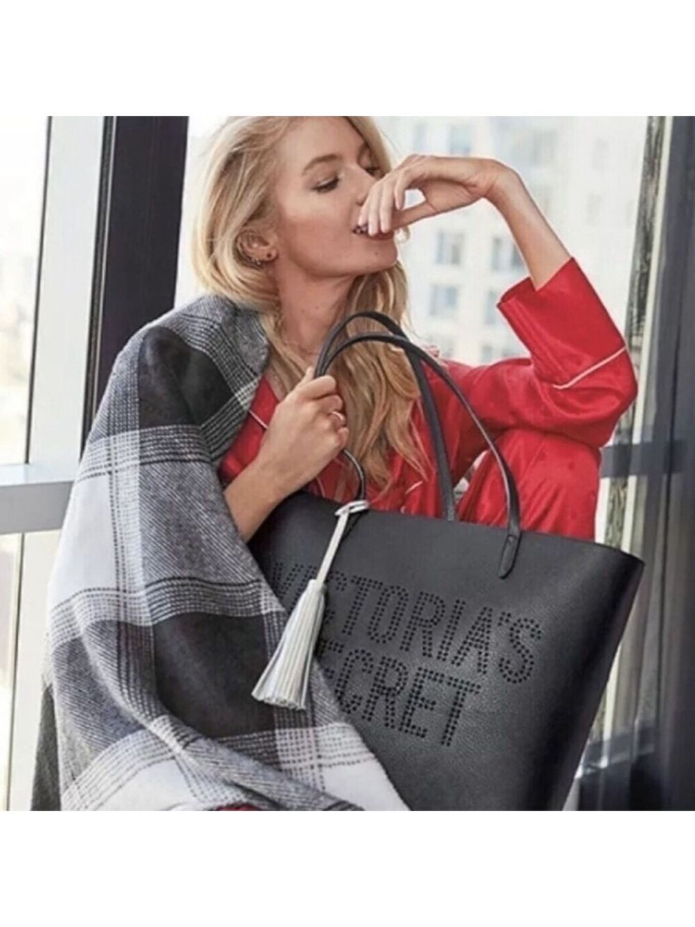 Victoria's Secret Black & White Plaid Blanket & Large Weekender Tote Bundle